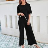 Spring  High Waist Temperament Contrast Split Short Sleeve T-Shirt Slim Wide Leg Pants Women's Set