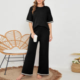 Spring  High Waist Temperament Contrast Split Short Sleeve T-Shirt Slim Wide Leg Pants Women's Set