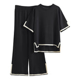 Spring  High Waist Temperament Contrast Split Short Sleeve T-Shirt Slim Wide Leg Pants Women's Set