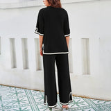 Spring  High Waist Temperament Contrast Split Short Sleeve T-Shirt Slim Wide Leg Pants Women's Set